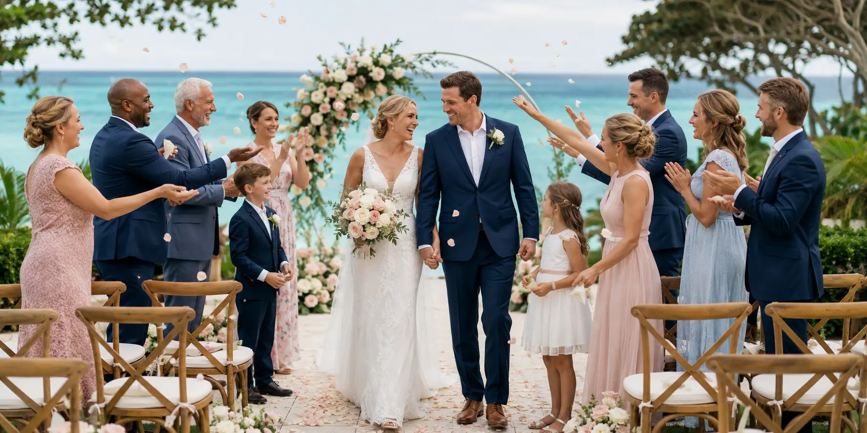White newlyweds celebrating with their children, family members and closest friends after a small destination wedding