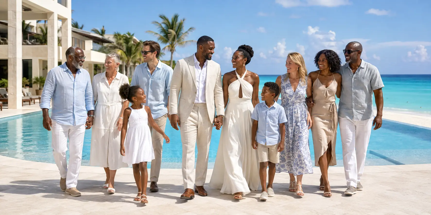 Black newlyweds with Black and White multigenerational family and two children beside a Caribbean resort pool