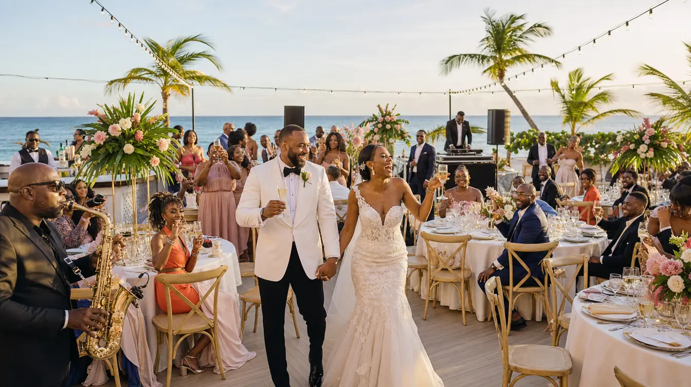 A newlywed couple celebrating with a large group of guests, live saxophone music, dinner tables, and an ocean view at a destination wedding reception