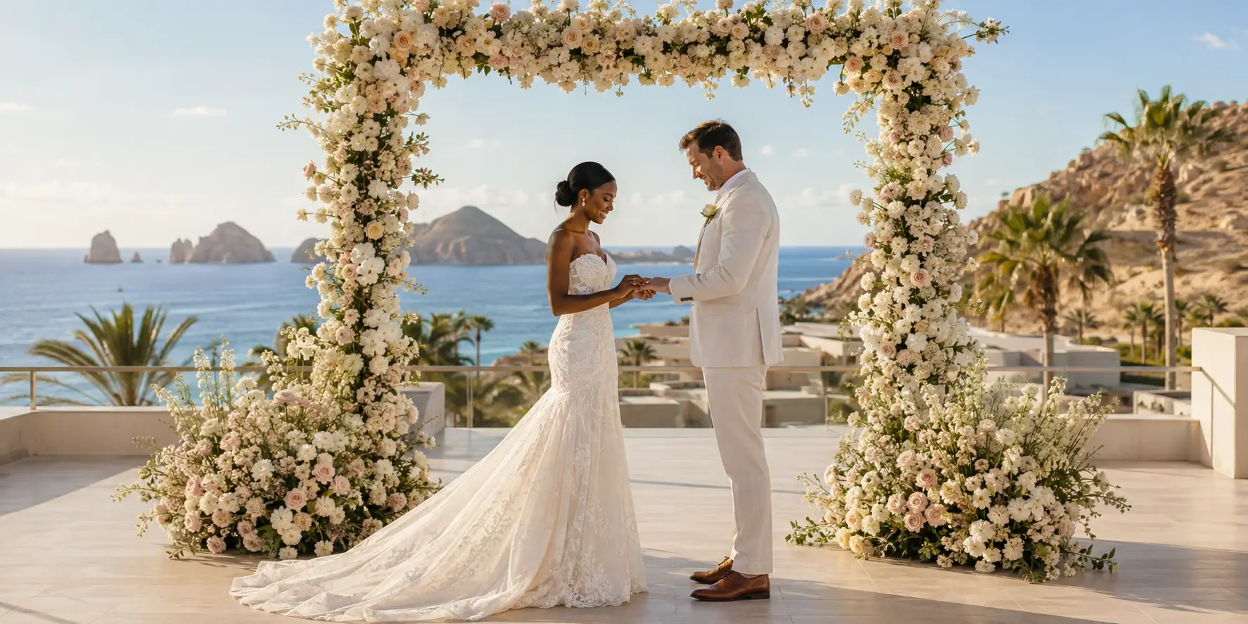 Black bride and White groom exchanging rings on a Los Cabos oceanfront terrace