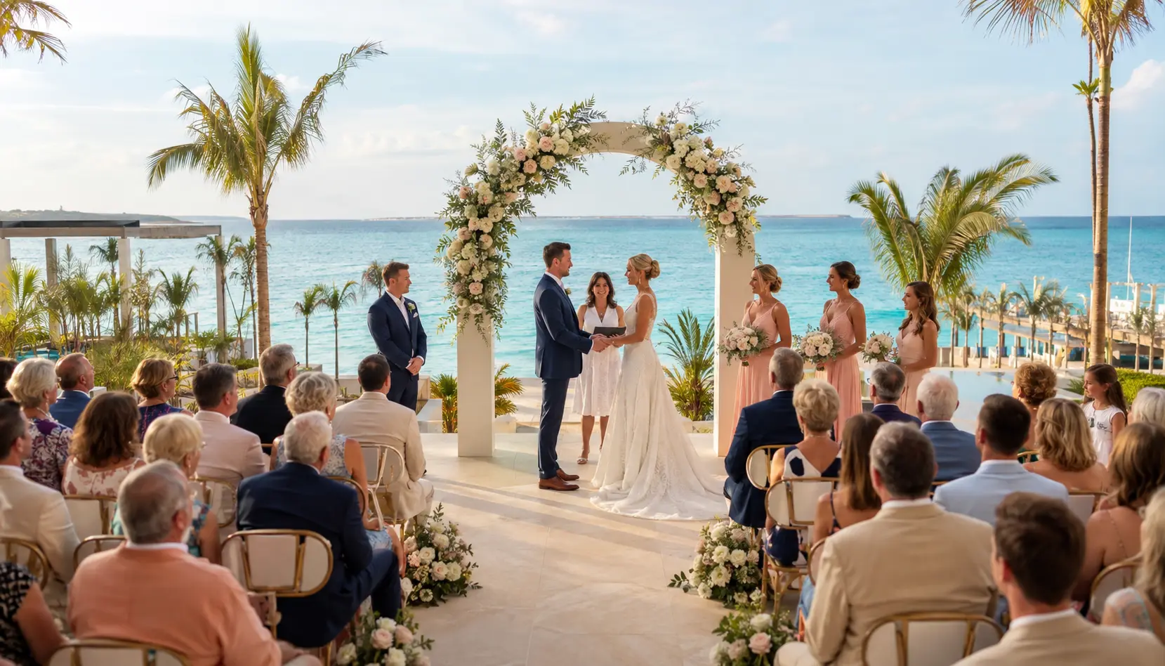 White bride and groom exchanging vows during an elegant oceanfront destination wedding near Cancun