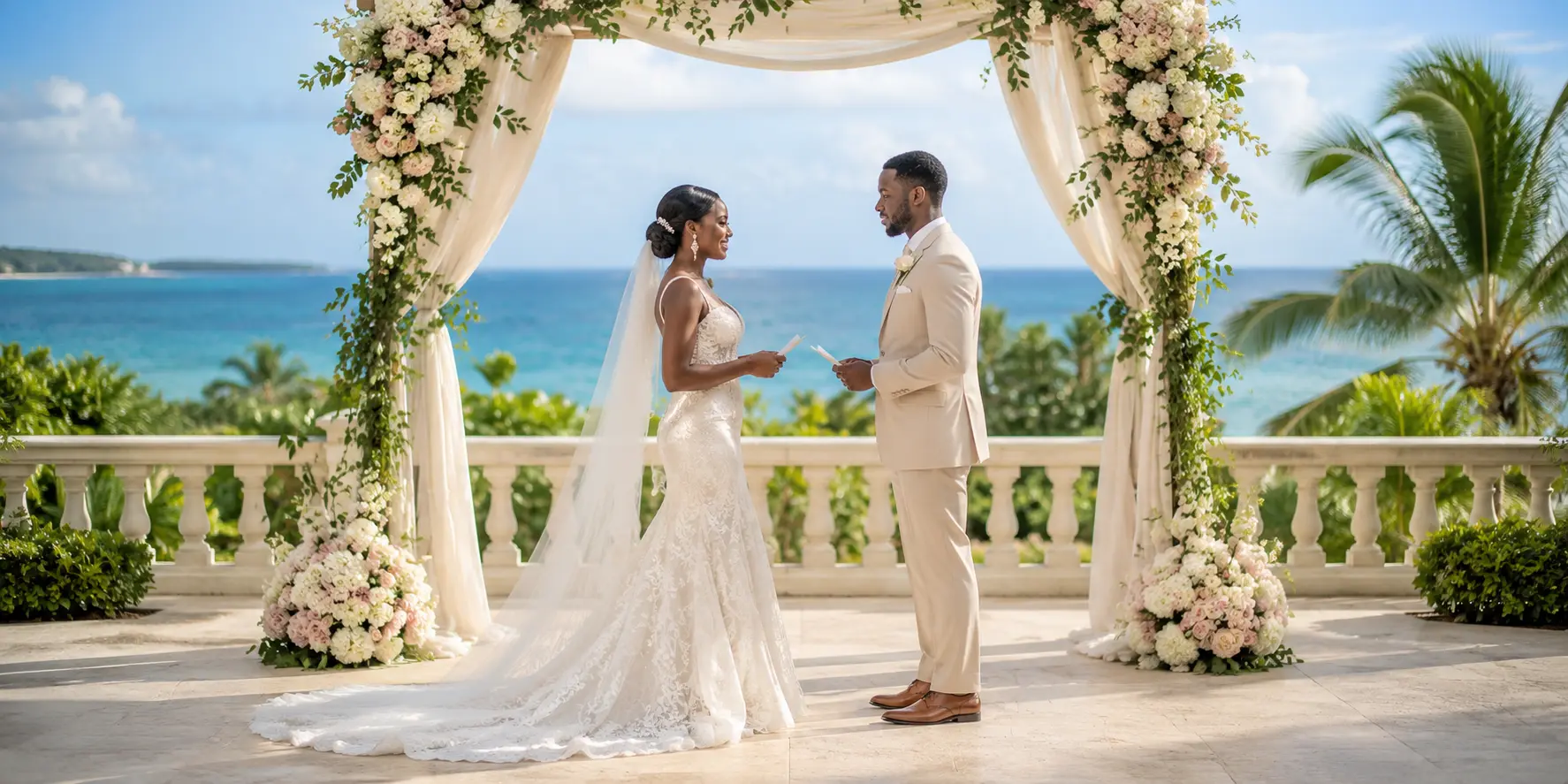Black bride and Black groom exchanging vows on a lush Jamaica oceanfront terrace