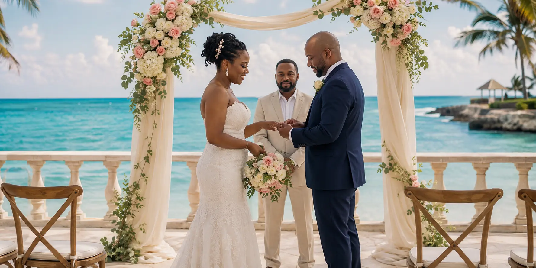 Black bride and groom exchanging rings during an intimate symbolic destination wedding elopement