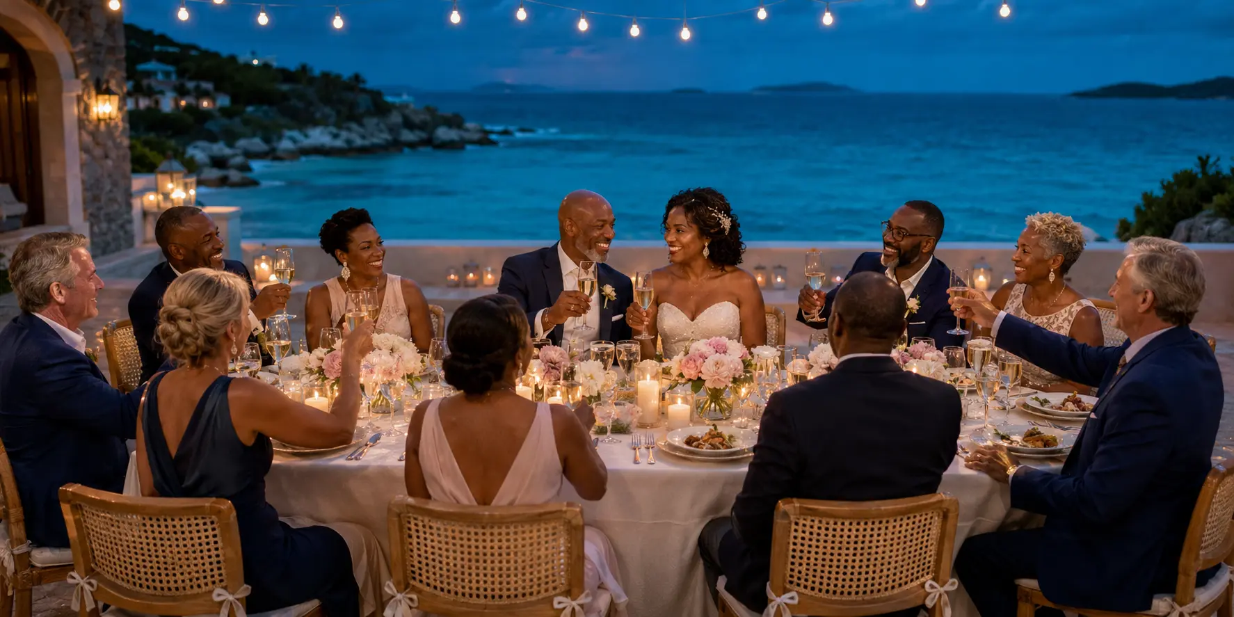 Black newlyweds sharing an intimate oceanfront wedding dinner with eight close guests