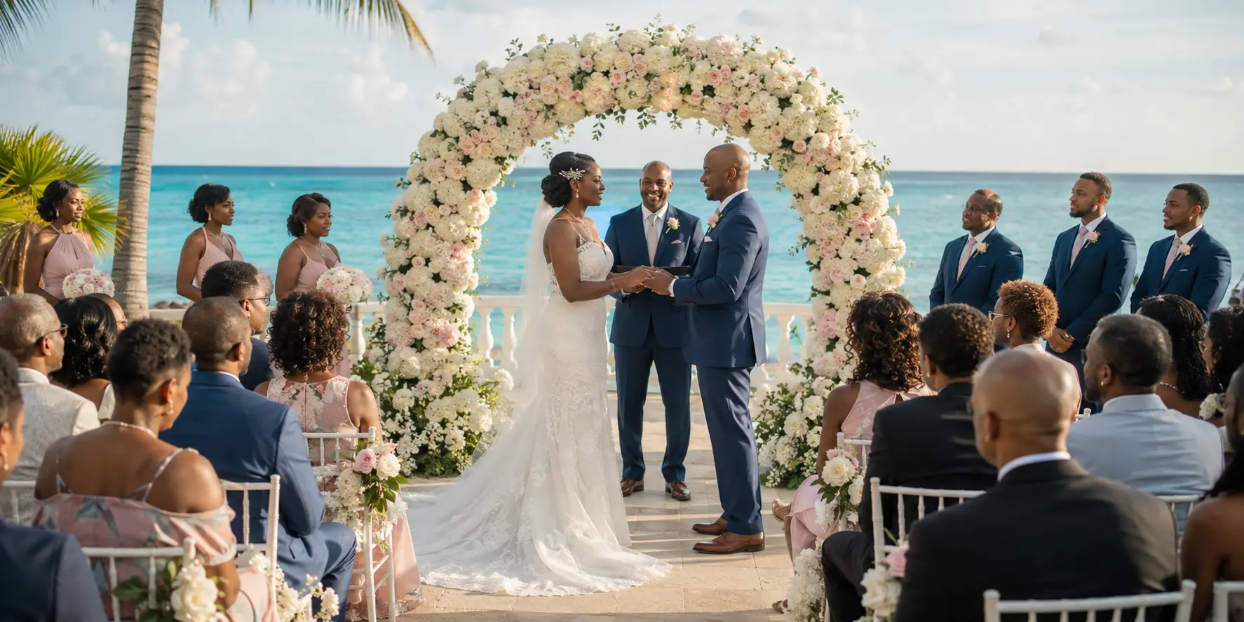 Black bride and groom exchanging vows beneath a floral arch during an oceanfront symbolic destination wedding ceremony