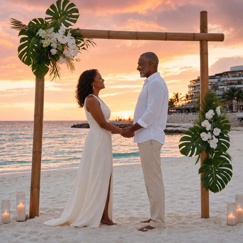 A mature Black couple renewing their vows beneath a tropical wedding arch at sunset